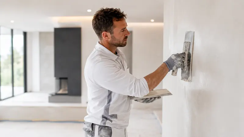 Gipser trägt Putz auf eine Innenwand auf