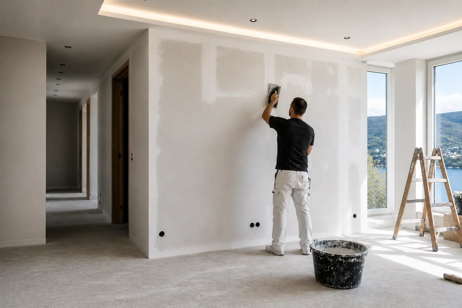Gipser beim Verputzen einer Innenwand
